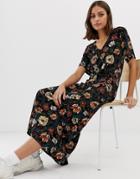 Pull & Bear Midi Dress In Dark Floral - Black