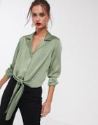 Asos Design Satin Long Sleeve Shirt With Tie Front