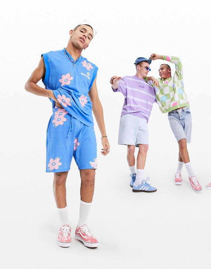Asos Daysocial Matching Oversized Shorts With All-over Flower Print In Blue-blues