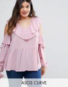 Asos Curve Cold Shoulder Blouse With V-neck And Ruffles - Purple