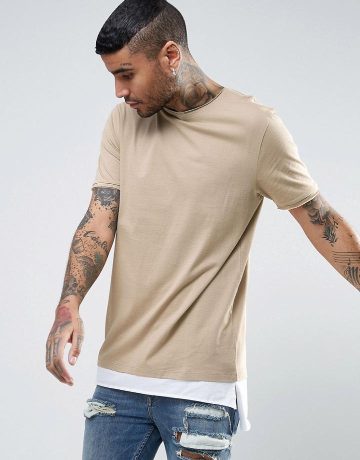 Asos Super Longline T-shirt In Beige/white With Contrast Raw Stepped Hem - Beige