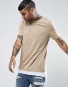 Asos Super Longline T-shirt In Beige/white With Contrast Raw Stepped Hem - Beige