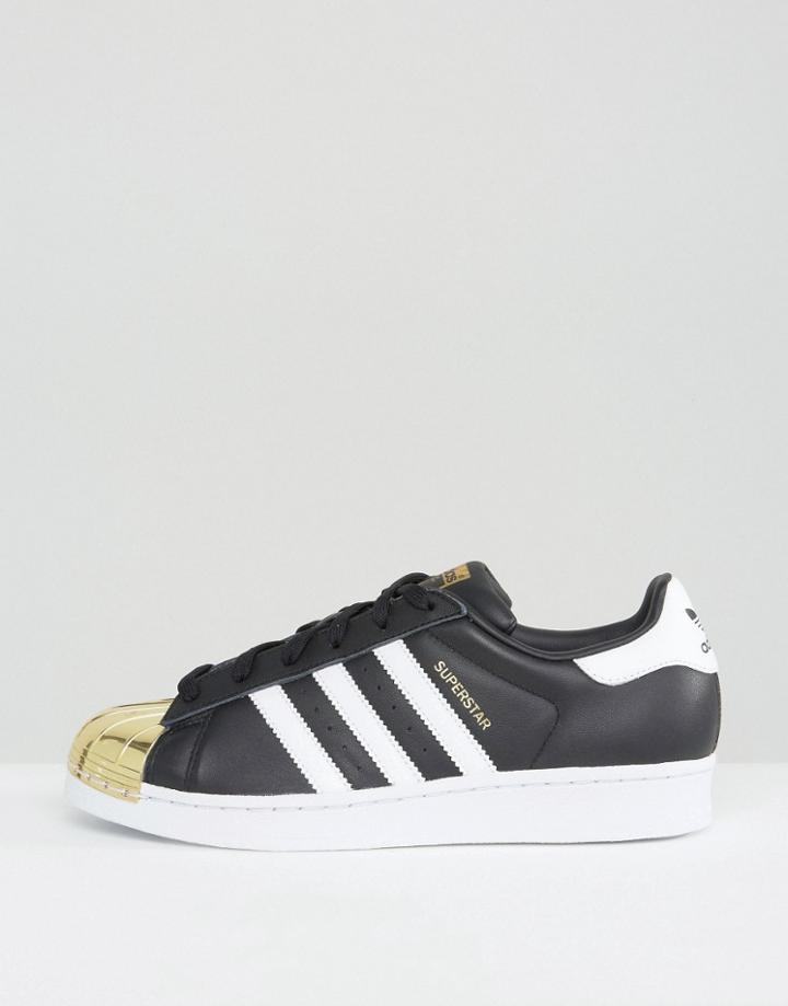 Adidas Originals Black Superstar Sneakers With Gold Metal Toe Cap - Black
