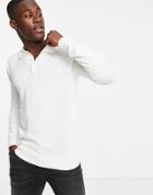 Brave Soul Cotton Long Sleeve Knitted Polo In Ecru-white