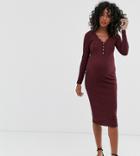 New Look Maternity Long Sleeve Popper Midi Dress In Burgundy-multi