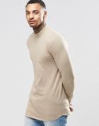Asos Longline Muscle Long Sleeve T-shirt With Turtleneck And Curve Hem - Beige
