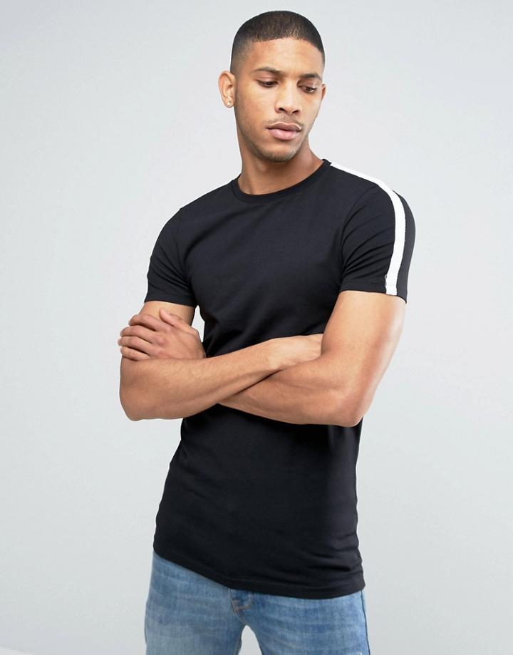 Asos Longline Muscle T-shirt In Monochrome With Tape Detail - Black