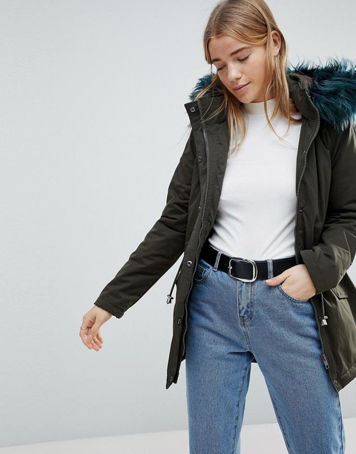 Brave Soul Blue Faux Fur Hood Parka - Green