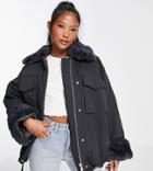 Asos Design Petite Shearling Collared Cotton Jacket In Charcoal-grey