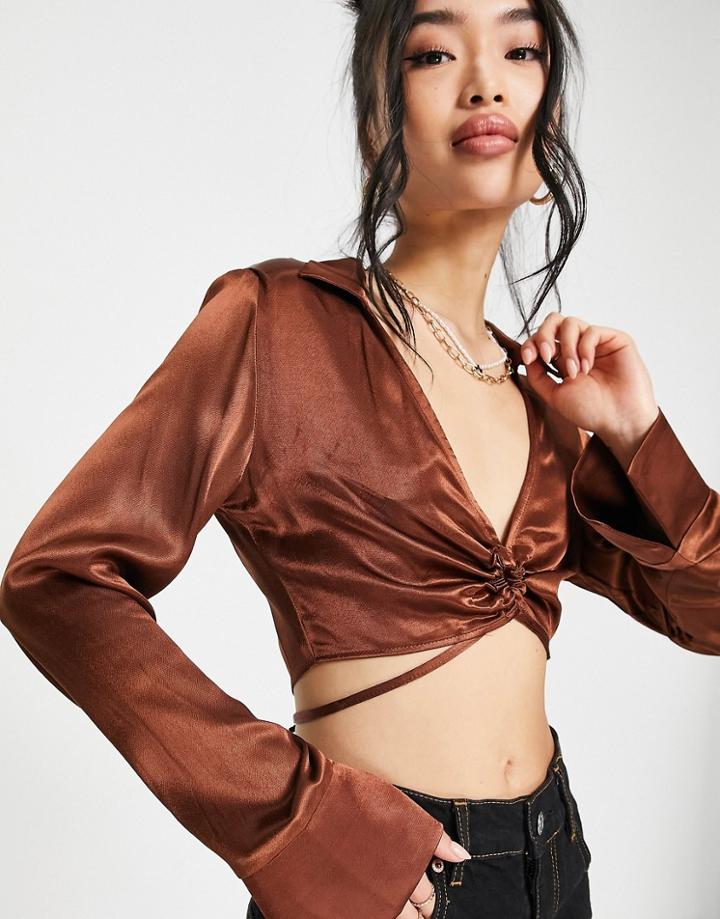 Pull & Bear Long Sleeved Satin Wraparound Shirt In Brown-black