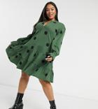 Asos Design Curve Tiered Long Sleeve Spot Smock Dress In Khaki And Black Spot-green
