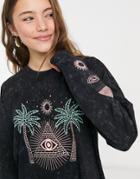 Asos Design Oversized T-shirt With Long Sleeves And Palm Print In Washed Charcoal-grey