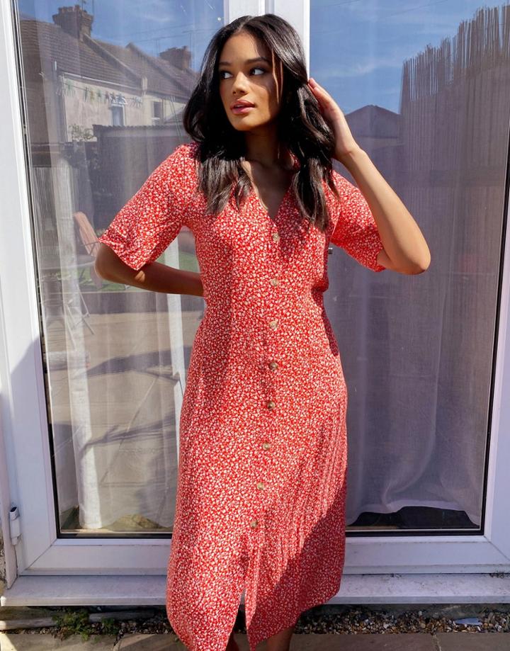 Monki Silena Floral Print Button Through Midi Dress In Red