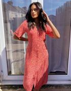 Monki Silena Floral Print Button Through Midi Dress In Red