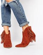 Asos Roll Around Suede Western Fringe Ankle Boots - Rust