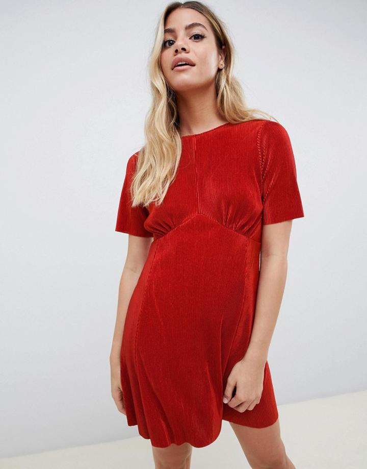 Asos Design Ultimate Tea Dress In Plisse - Orange