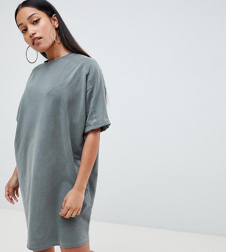 Asos Design Petite T-shirt Dress With Rolled Sleeves And Wash - Green