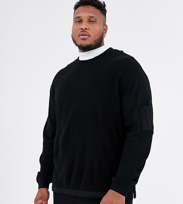 Asos Design Plus Knitted Ribbed Sweater With Woven Panels In Black