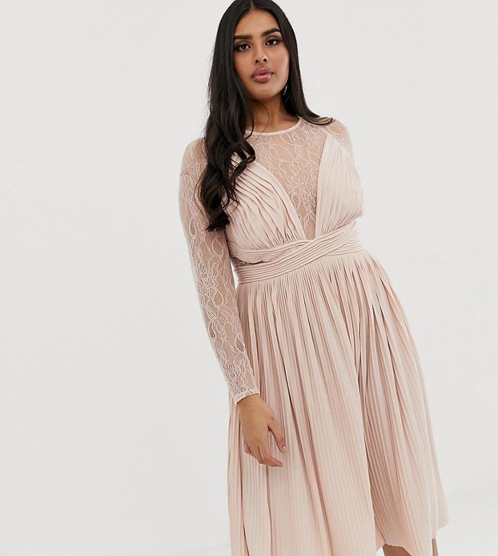 Asos Design Curve Lace And Pleat Midi Dress-pink