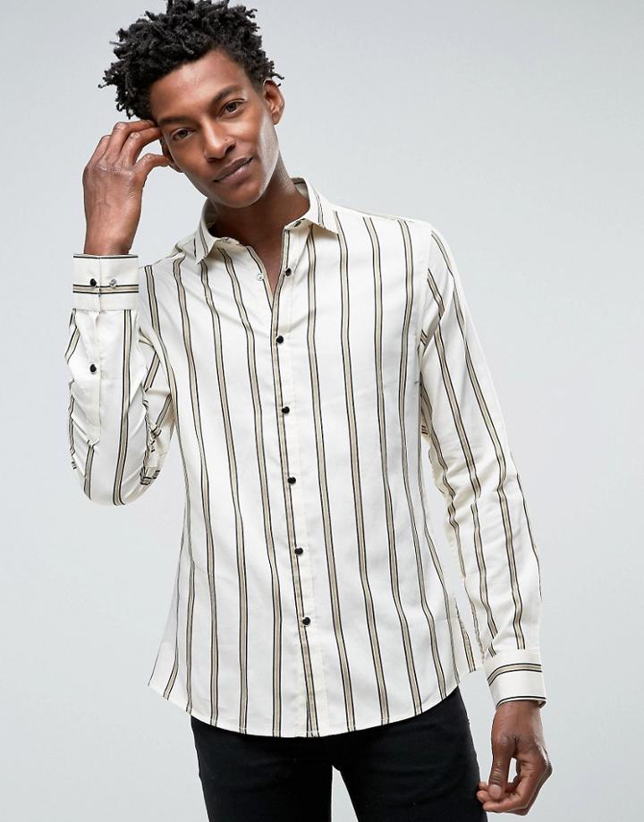 Asos Regular Fit Shirt In Cream Stripe - Beige