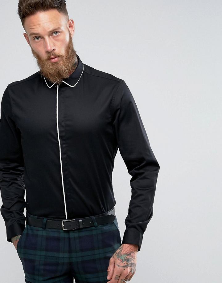 Asos Stretch Slim Sateen Shirt In Black With White Piping - Black