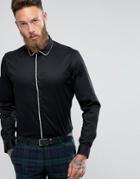 Asos Stretch Slim Sateen Shirt In Black With White Piping - Black