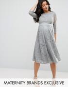 Little Mistress Maternity All Over Lace Crochet Skater Dress With 3/4 Sleeve - Gray