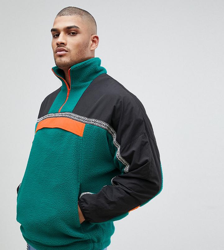 Asos Tall Fleece Windbreaker With Geo-tribal Tape In Green - Green