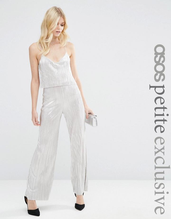 Asos Petite Metallic Pleat Jumpsuit With Crop Top Layer - Silver