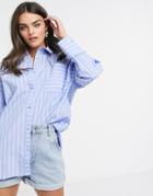 Asos Design Long Sleeve Oversized Dad Shirt In Cotton In Light Blue Stripe-multi