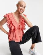Asos Design Ruffle Short Sleeve Blouse With Ladder Trim In Coral-no Color