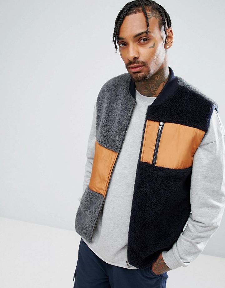 Asos Vest With Color Block Detail And Borg In Navy - Blue