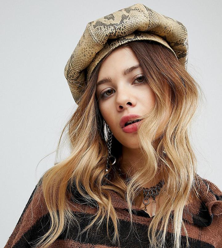 Sacred Hawk Faux Snake Beret - Brown