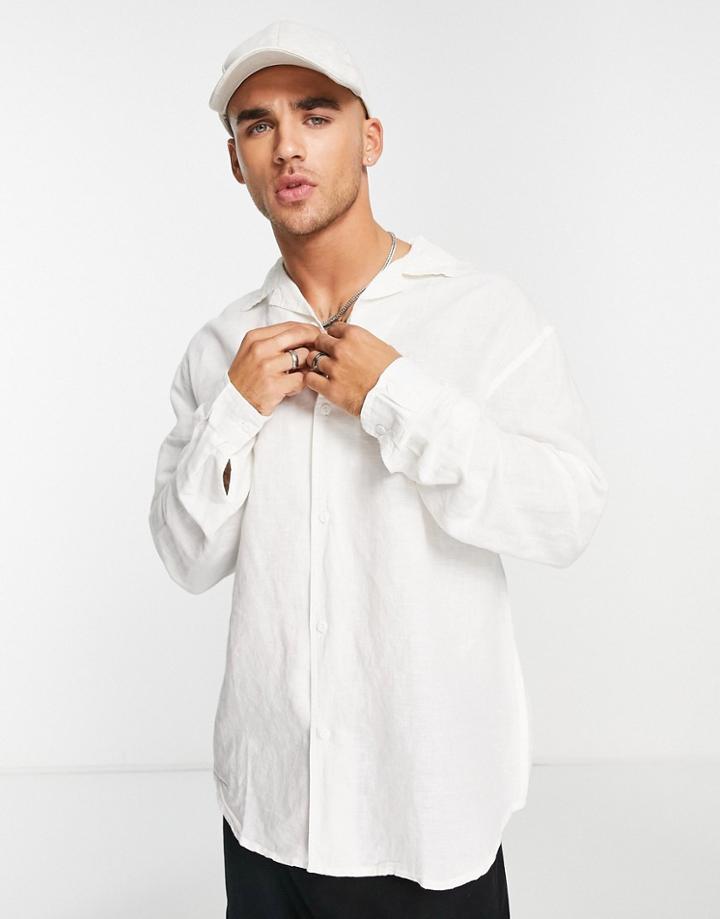 Pull & Bear Long Sleeve Linen Shirt In White