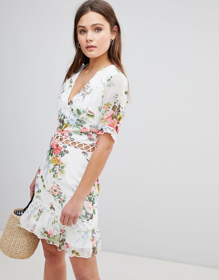Parisian Floral Dress With Lattice Inserts - White
