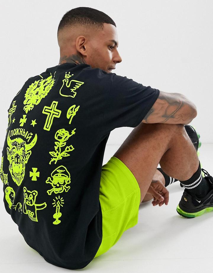 Hnr Ldn Tattoo Neon Back Print T-shirts In Oversized - Black