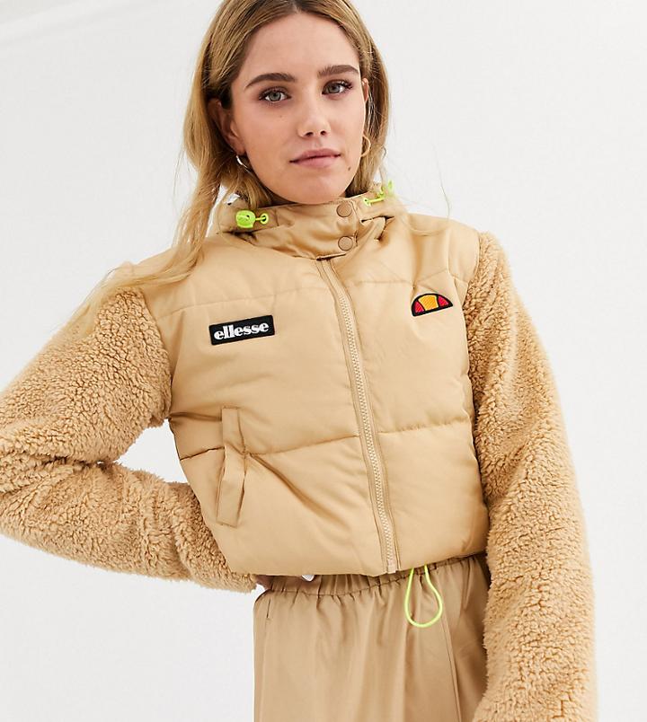 Ellesse Cropped Padded Jacket With Sherpa Sleeves-beige