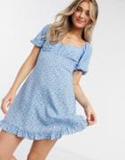 Miss Selfridge Mini Dress With Square Neck In Blue Floral-blues