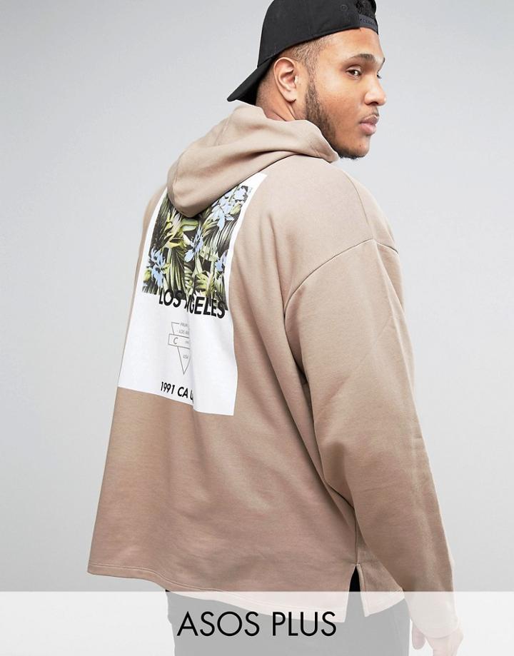Asos Plus Oversized Hoodie With Palm Print - Beige