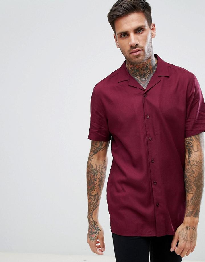Asos Regular Fit Viscose Shirt With Revere Collar In Burgundy - Red