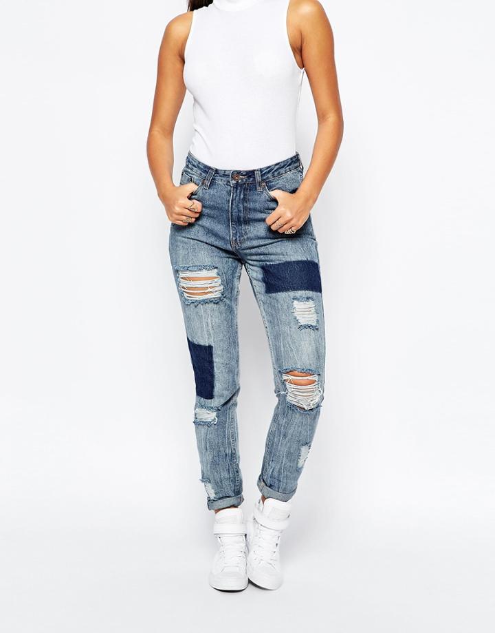 Missguided High Rise Patched Ripped Slim Jean - Mid Blue
