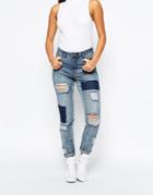 Missguided High Rise Patched Ripped Slim Jean - Mid Blue