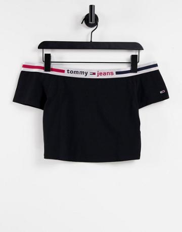 Tommy Jeans Elastic Logo Tape Cold Shoulder Top In Black-navy