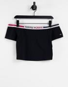 Tommy Jeans Elastic Logo Tape Cold Shoulder Top In Black-navy