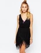 Surf Gypsy Lace Trim Wrap Beach Dress - Black