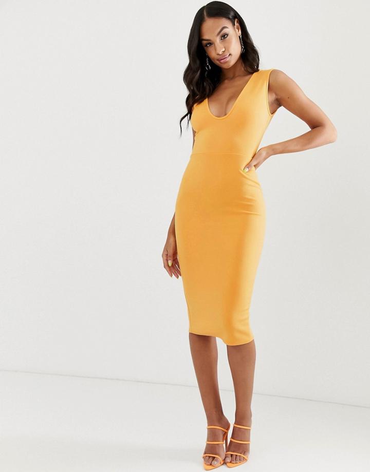 Asos Design Curved Plunge Pencil Midi Dress - Orange