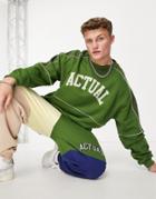 Asos Actual Oversized Sweatshirt With Cord Panels And Logo Print In Green