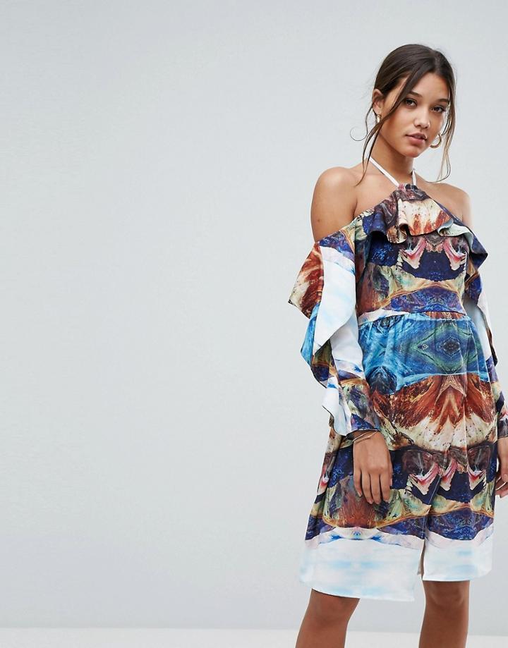 Aeryne Cold Shoulder Printed Midi Dress With Thigh Split - Multi