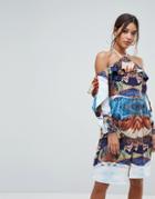 Aeryne Cold Shoulder Printed Midi Dress With Thigh Split - Multi