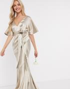 Asos Design Bridesmaid Satin Kimono Sleeve Maxi Dress With Panelled Skirt And Belt In Oyster-neutral